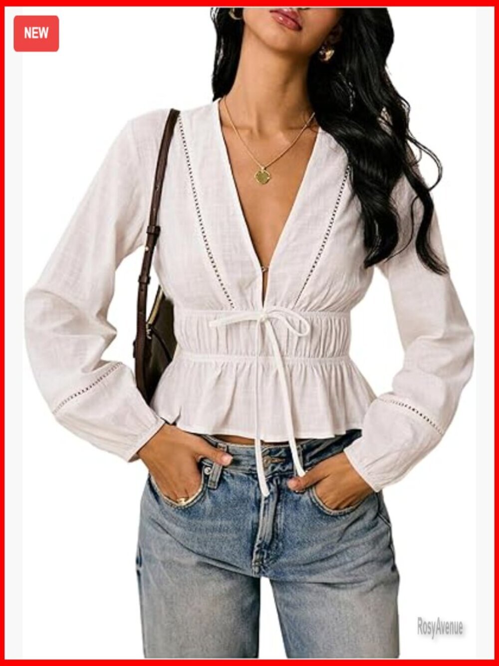 Women's Deep V Neck Tie Front Ruffle Peplum Blouse Long Sleeve Crop Top